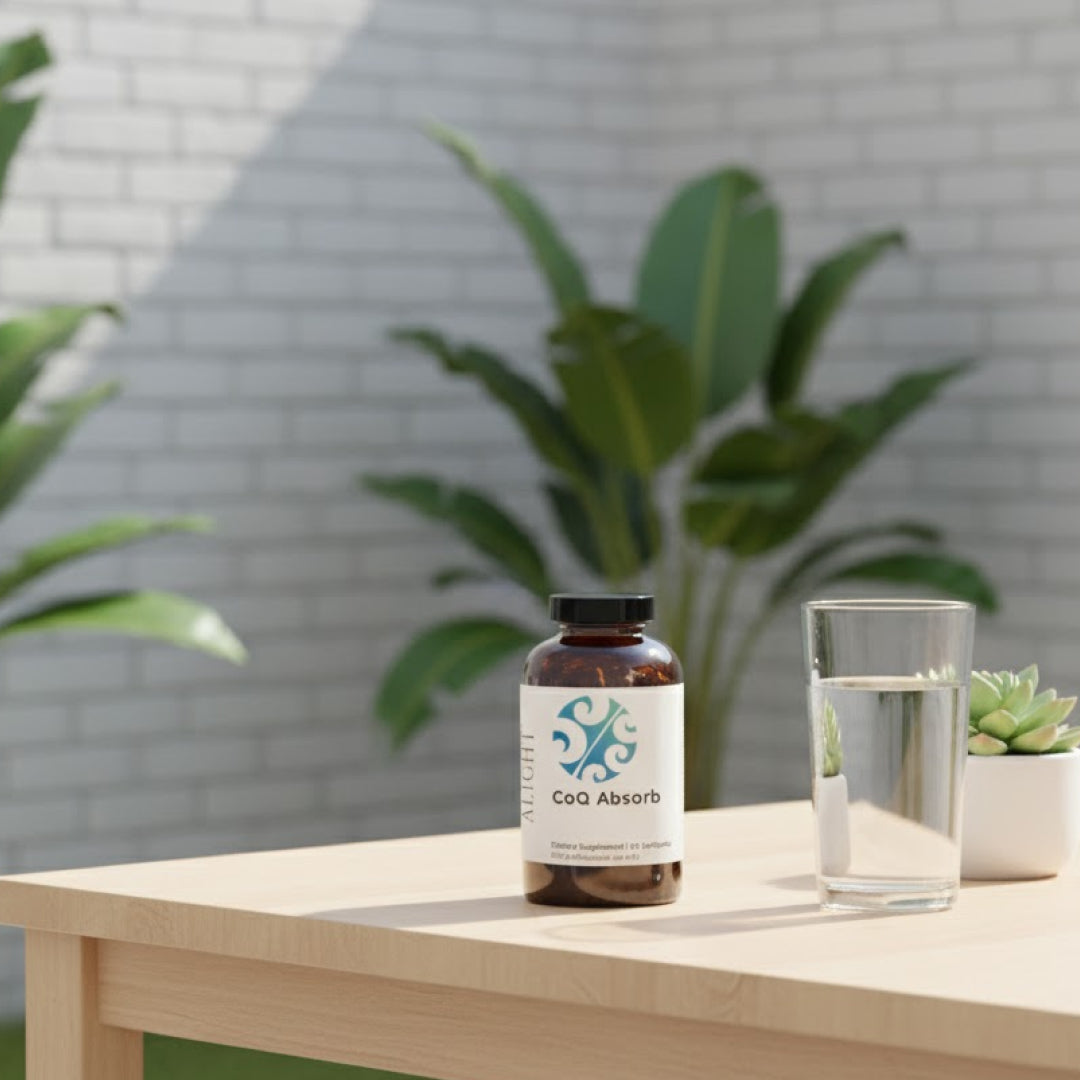CoQ Absorb supplement bottle on a table with a glass of water and plant in the background