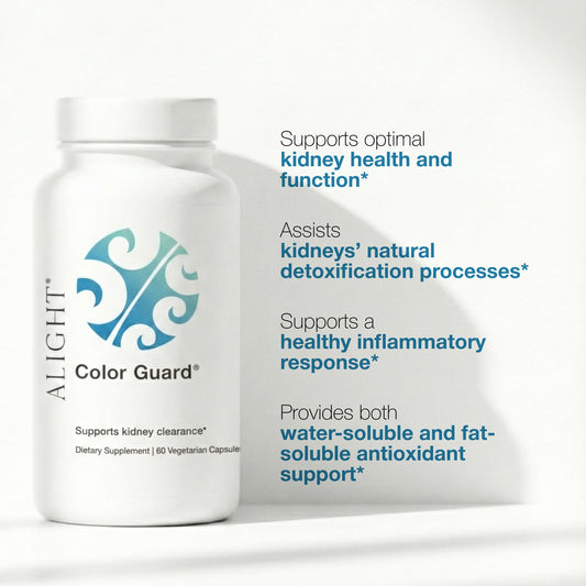 Supplement bottle labeled 'Color Guard' with text about kidney health on a white background