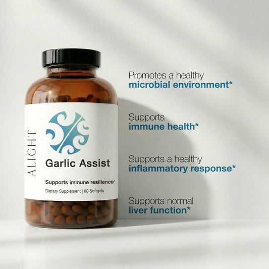 Garlic supplement bottle labeled 'Garlic Assist' with promotional text on a light gray background