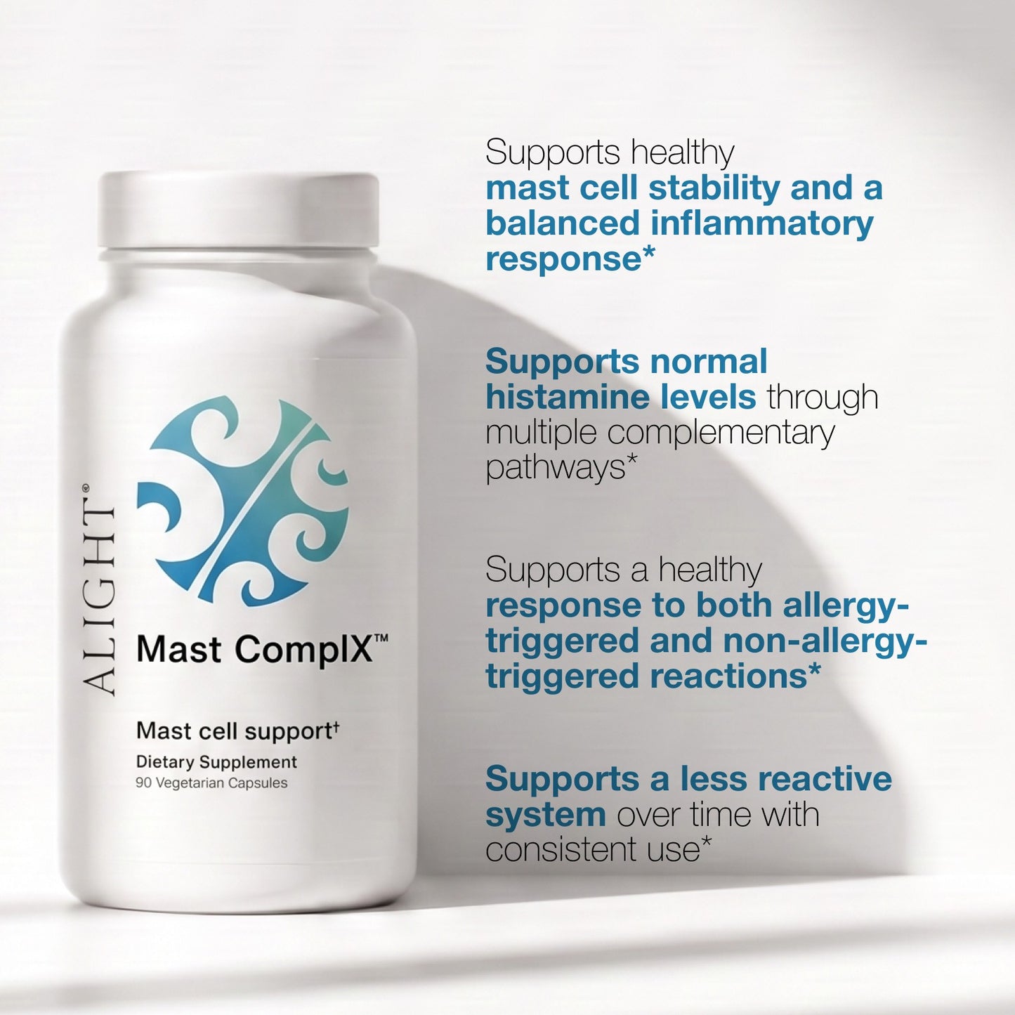 A white bottle of Alight Mast ComplX dietary supplement with text describing its benefits like, mast cell stability, histamine support, calmer allergy response, and more.