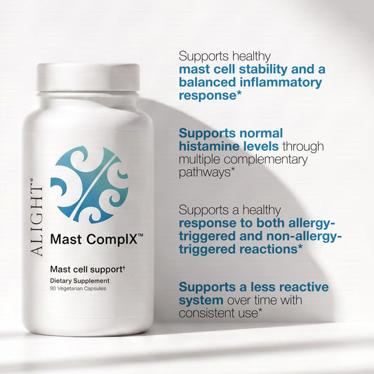 A white bottle of Alight Mast ComplX dietary supplement with text describing its benefits like, mast cell stability, histamine support, calmer allergy response, and more.