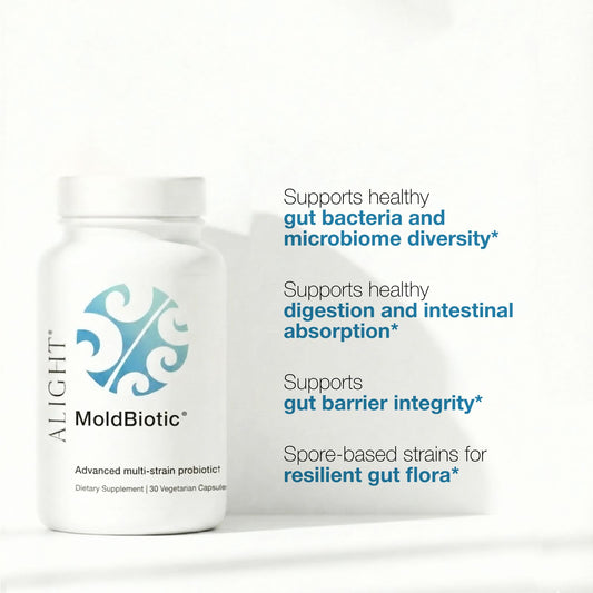 Alight MoldBiotic supplement bottle with text highlighting benefits like digestion and microbiome diversity.