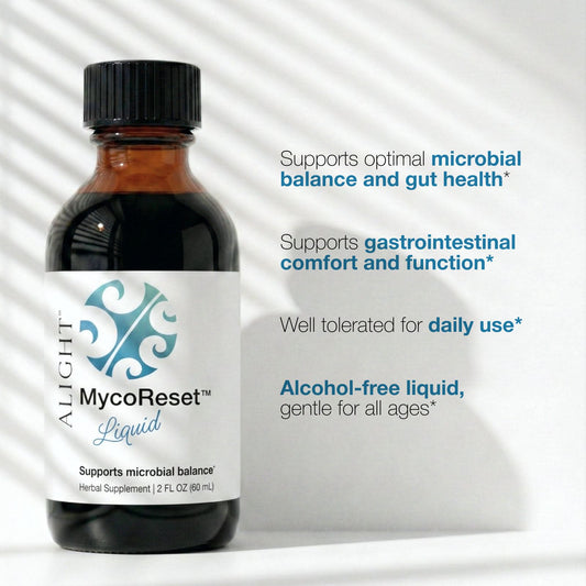 Bottle of MycoReset Liquid supplement with text on a white background