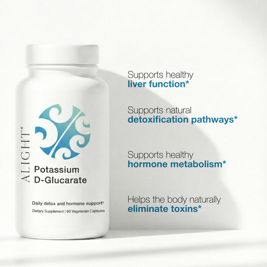 Supplement bottle labeled 'ALIGHT' with text about health benefits on a white background