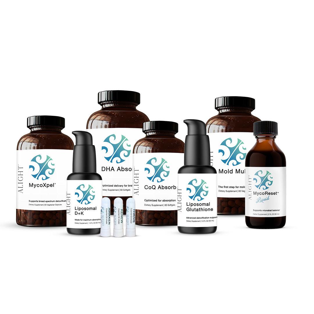 Collection of Alight supplement bottles on a white background