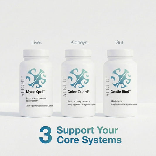 Three supplement bottles labeled 'MycoXpel', 'Color Guard', and 'Gentle Bind' on a white background.