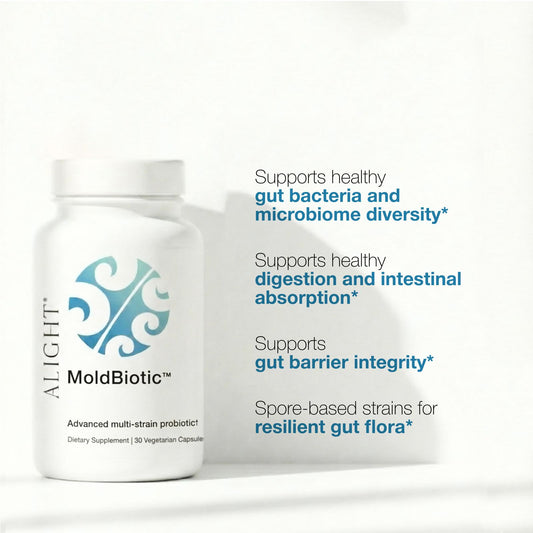 Alight MoldBiotic supplement bottle with text on a white background