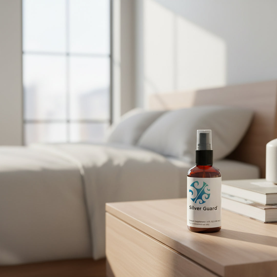 Bottle of 'Silver Guard' on a wooden surface with a blurred background