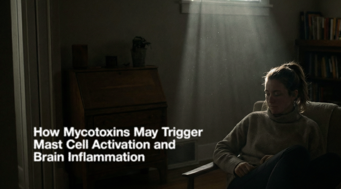 Female sitting in dark room. Letters spelling "How Mycotoxins May Trigger Mast Cell Activation and Brain Inflammation."