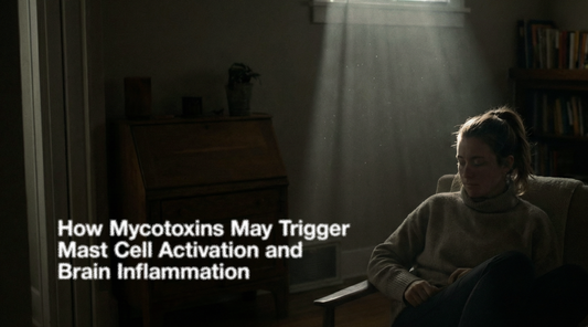 Female sitting in dark room. Letters spelling "How Mycotoxins May Trigger Mast Cell Activation and Brain Inflammation."