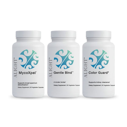 Three white supplement bottles labeled 'MycoXpel', 'Gentle Bind', and 'Color Guard' on a white background.