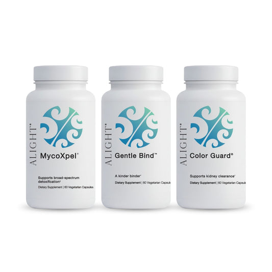 Three white supplement bottles labeled 'MycoXpel', 'Gentle Bind', and 'Color Guard' on a white background.