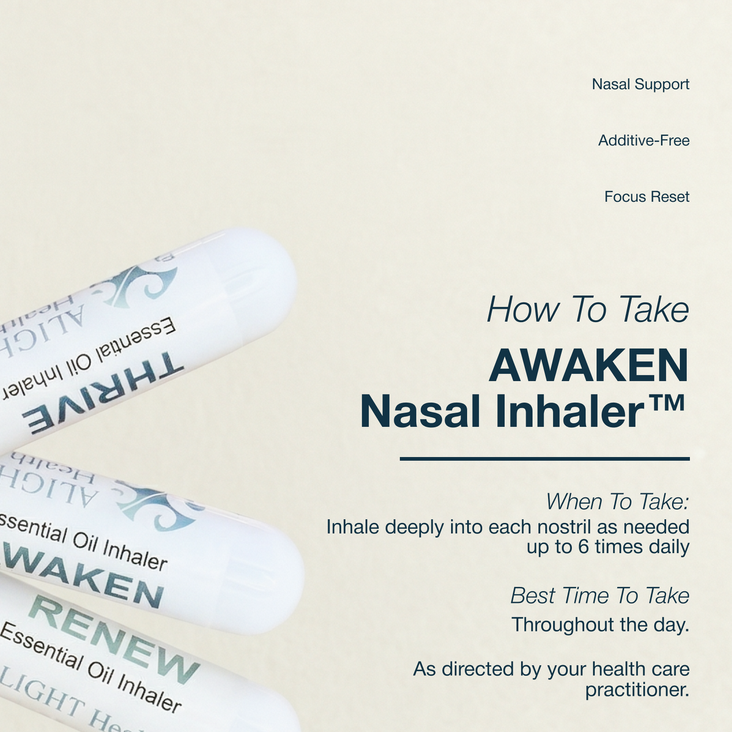 AWAKEN nasal inhaler with usage instructions on a light beige background