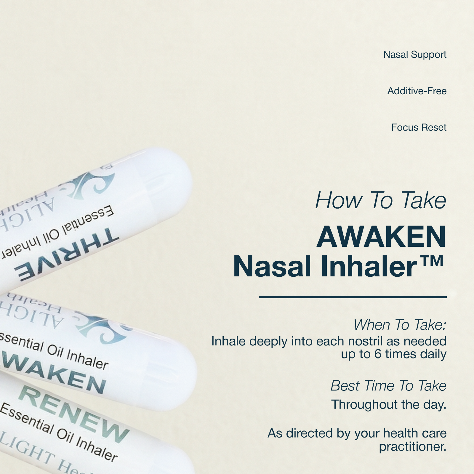 AWAKEN nasal inhaler with usage instructions on a light beige background