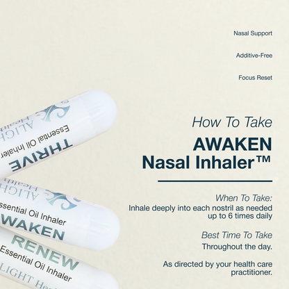 AWAKEN nasal inhaler with usage instructions on a light beige background