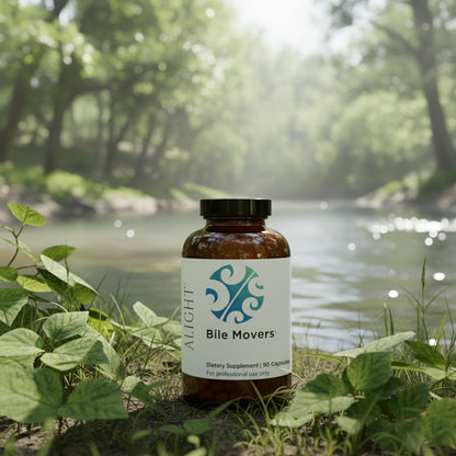 Bottle of Bile Movers supplement in a natural setting with a lake and trees.