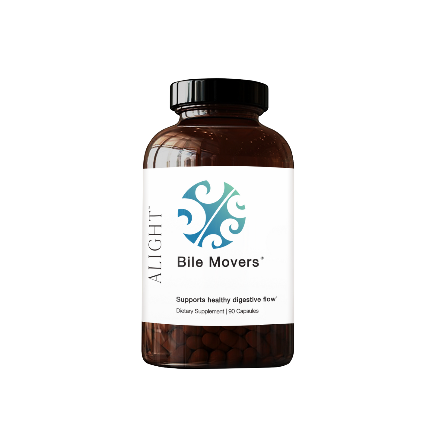Supplement bottle labeled 'Bile Movers' by ALIGHT on a white background