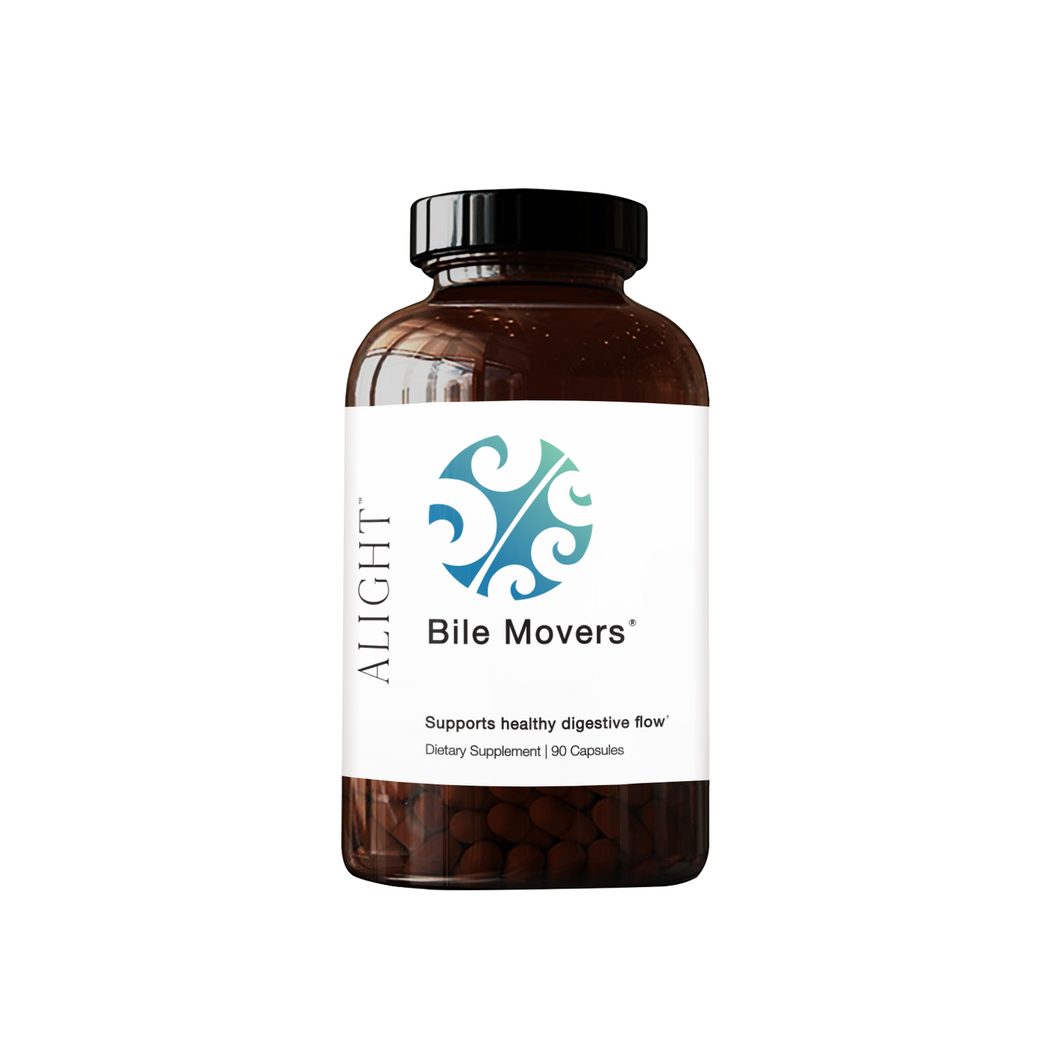 Supplement bottle labeled 'Bile Movers' by ALIGHT on a white background
