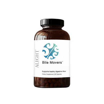 Supplement bottle labeled 'Bile Movers' by ALIGHT on a white background