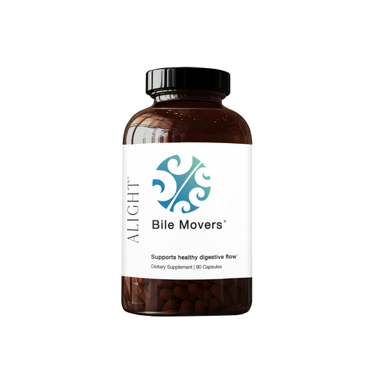 Supplement bottle labeled 'Bile Movers' by ALIGHT on a white background