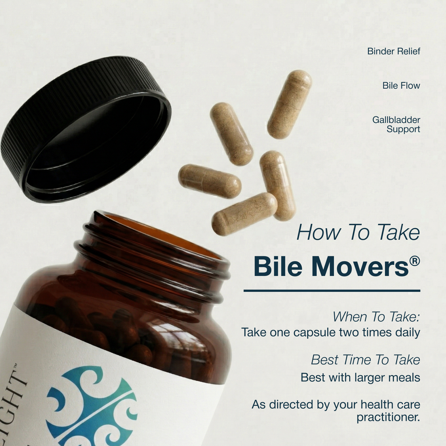 Brown bottle of Bile Movers with capsules and text on a light gray background