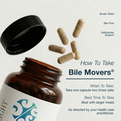 Brown bottle of Bile Movers with capsules and text on a light gray background