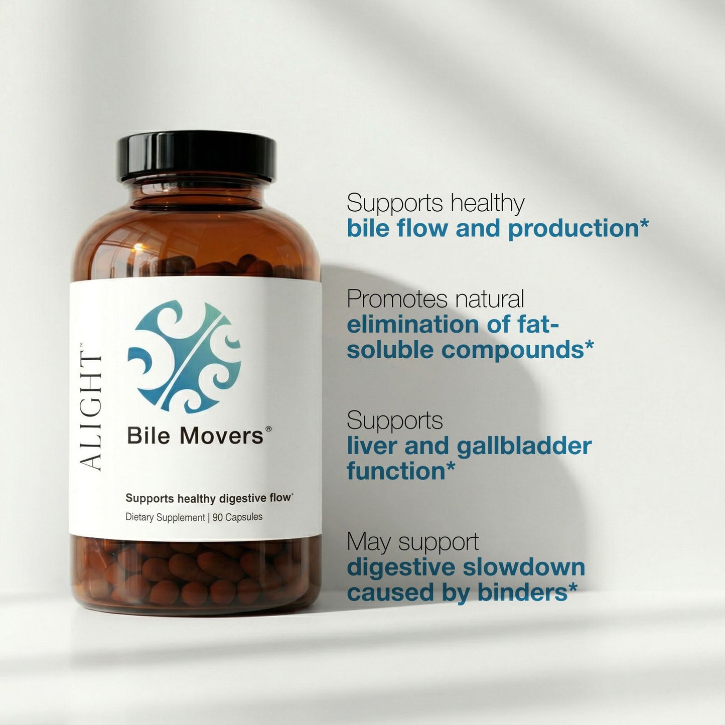Bottle of ALIGHT Bile Movers supplement with label text on a white background