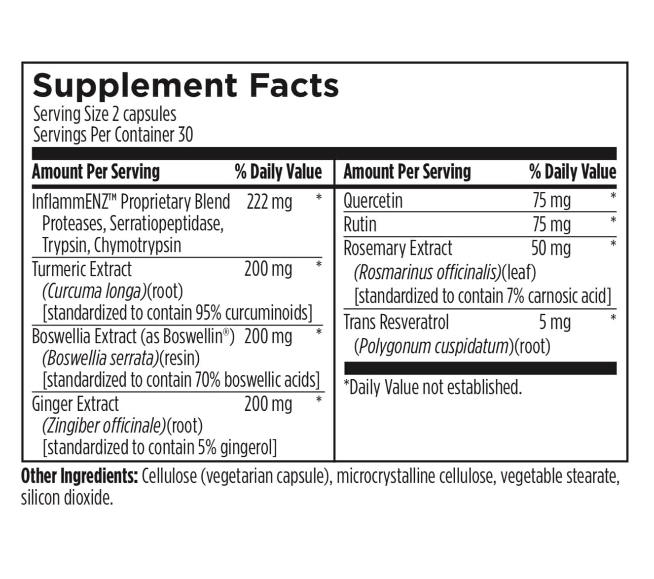 Supplement facts label with detailed ingredient list and serving sizes.