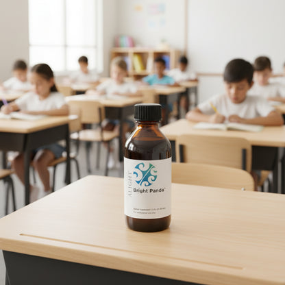 Bottle of Bright Panda on a desk in a classroom with students working.
