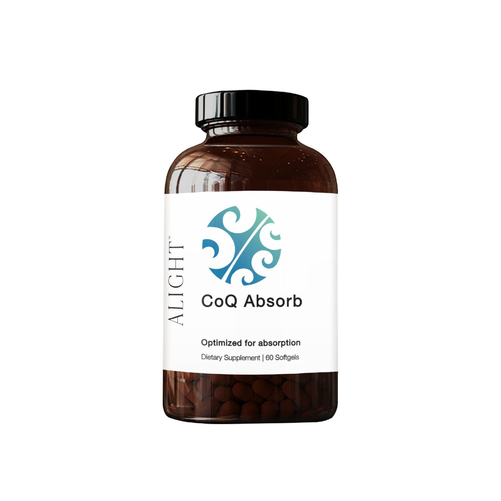 Supplement bottle labeled 'CoQ Absorb' with 'Alight' branding on a white background