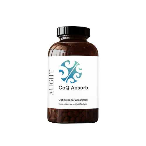 Supplement bottle labeled 'CoQ Absorb' with 'Alight' branding on a white background