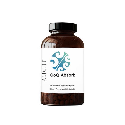 Supplement bottle labeled 'CoQ Absorb' with 'ALIGHT' branding on a white background