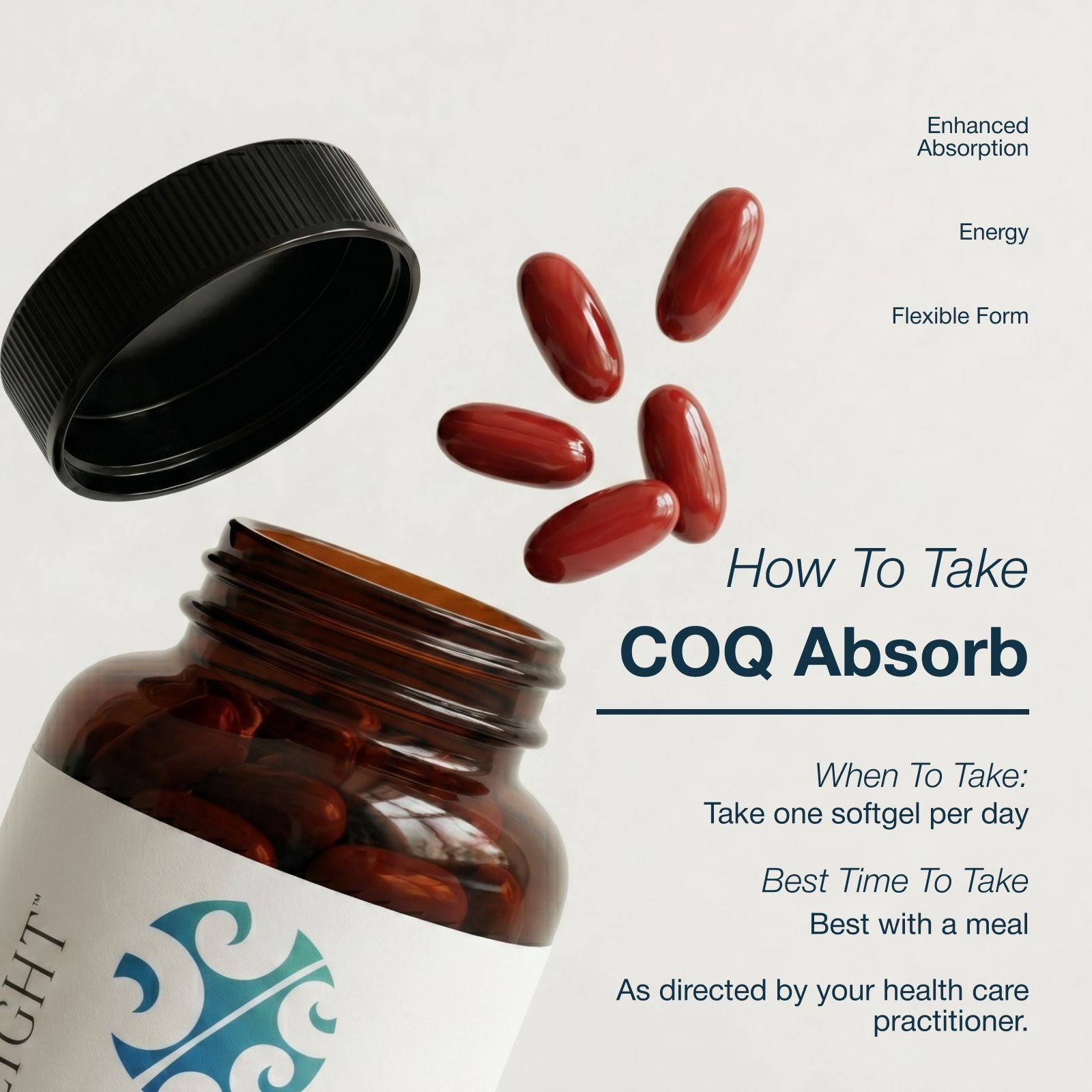 Brown supplement bottle with red capsules and text on a light gray background