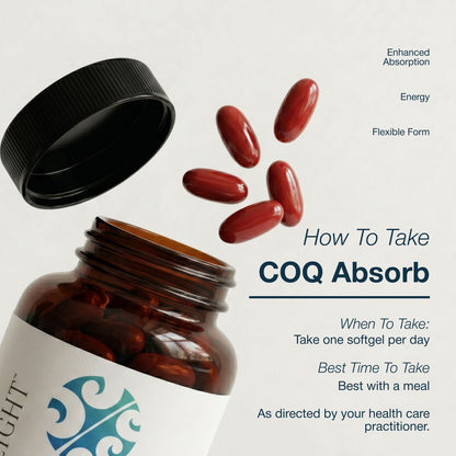 Brown supplement bottle with red capsules and text on a light gray background