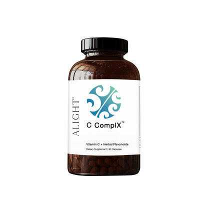 Bottle mock up of Alights C ComplX supplement bottle behind a white background. 