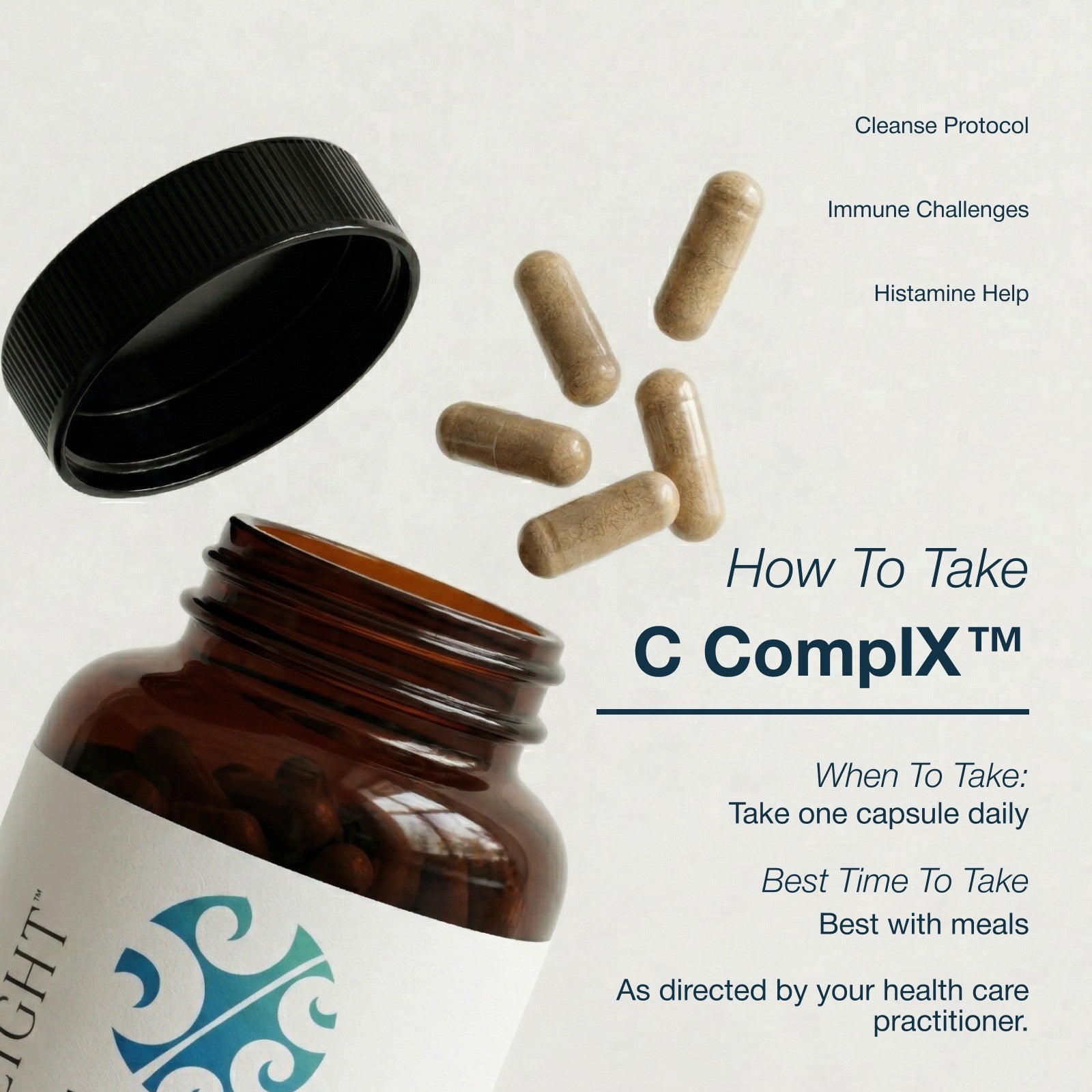 An open amber supplement bottle with a black cap, shown with several beige capsules floating above it on a light background. Text on the image reads 'How To Take C ComplX™' and includes usage instructions, with the brand name partially visible on the label.