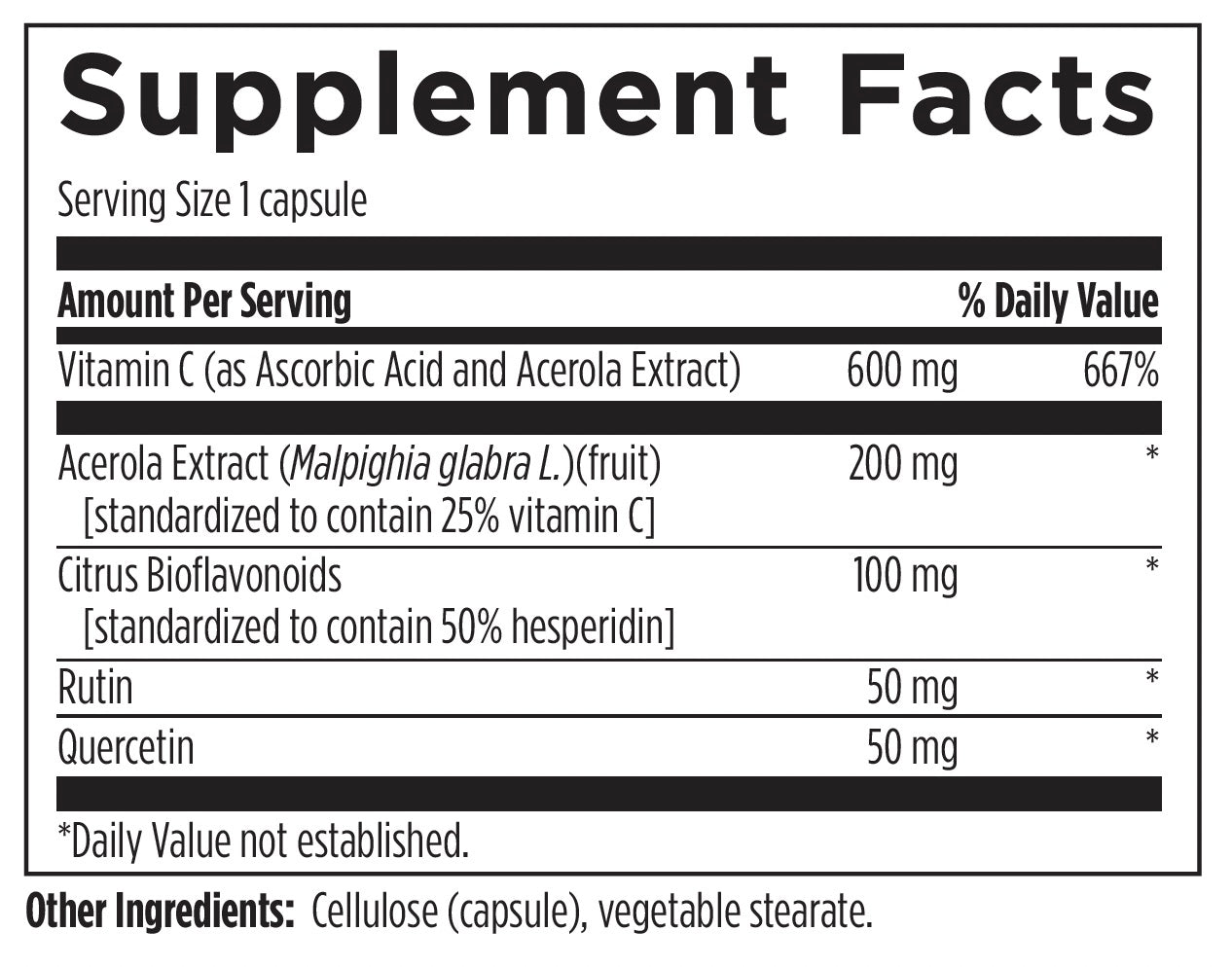 A supplement facts label showing a serving size of 1 capsule and listing ingredients and daily value percentages for Vitamin C, Acerola Extract, Citrus Bioflavonoids, Rutin, and Quercetin.