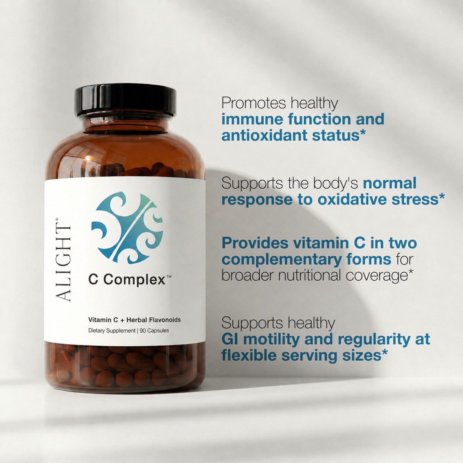 An amber supplement bottle labeled ALIGHT C Complex with a black cap and white label, shown beside marketing text on a light gray background.