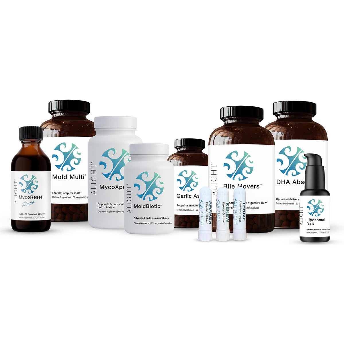 A collection of white and amber supplement bottles and vials with blue and white labels, arranged on a plain white background. Visible product names include Mold Multi, MycoXpel, MoldBiotic, Bile Movers, DHA Absorb.