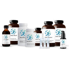 A collection of white and amber supplement bottles and vials with blue and white labels, arranged on a plain white background. Visible product names include Mold Multi, MycoXpel, MoldBiotic, Bile Movers, DHA Absorb.