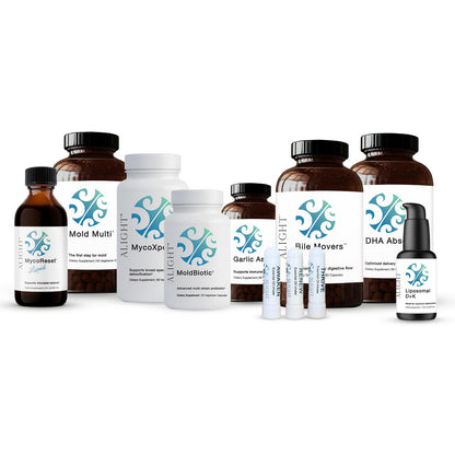 A collection of white and amber supplement bottles and vials with blue and white labels, arranged on a plain white background. Visible product names include Mold Multi, MycoXpel, MoldBiotic, Bile Movers, DHA Absorb.