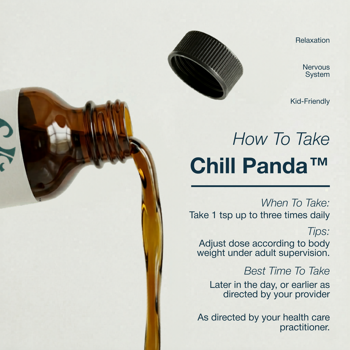 Chill Panda supplement bottle being poured with usage instructions.