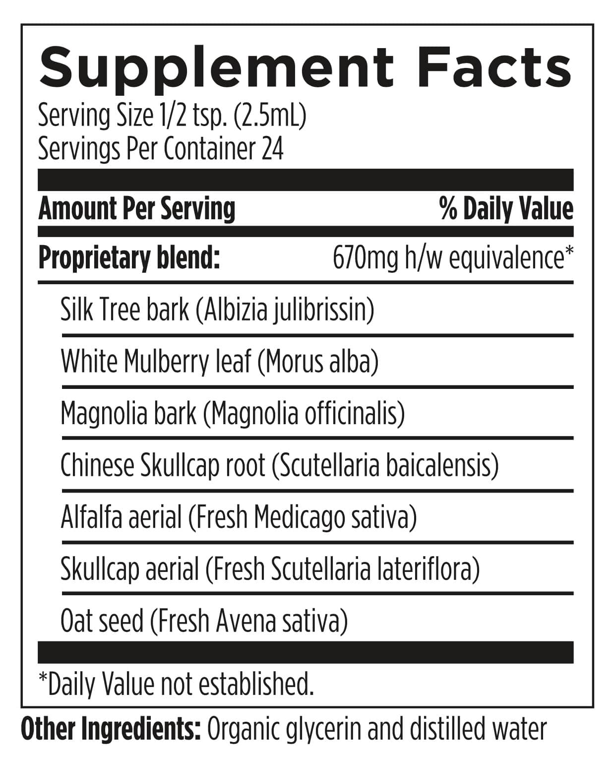 Supplement facts label with herbal ingredients and serving size details.