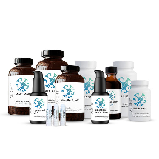 Collection of health and wellness products with visible branding on a white background