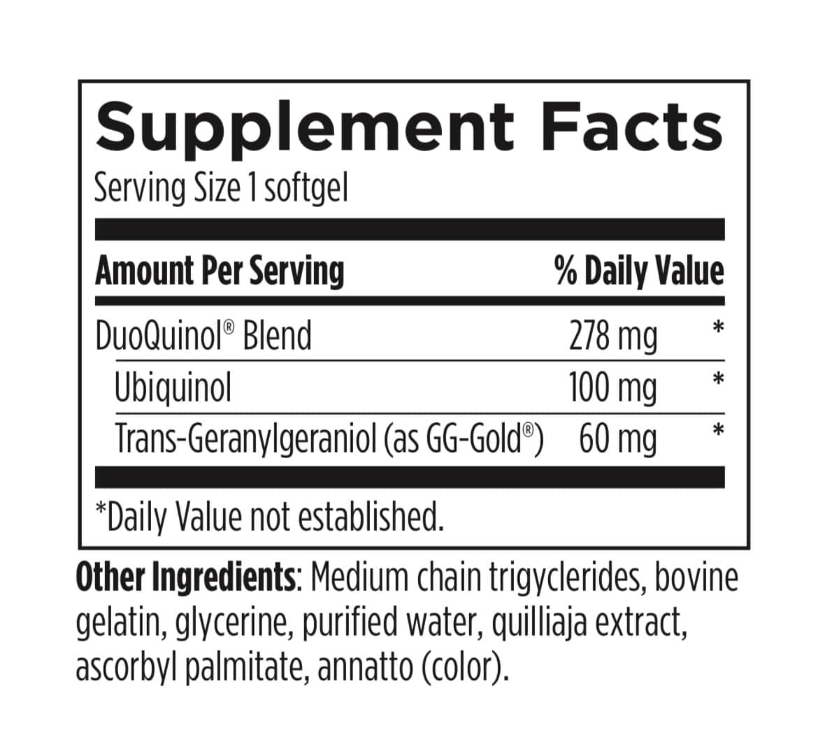 Supplement facts label with detailed nutritional information on a white background