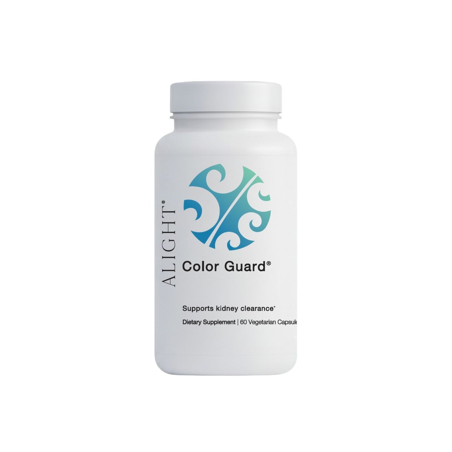 White supplement bottle labeled 'Color Guard' by Alight on a white background