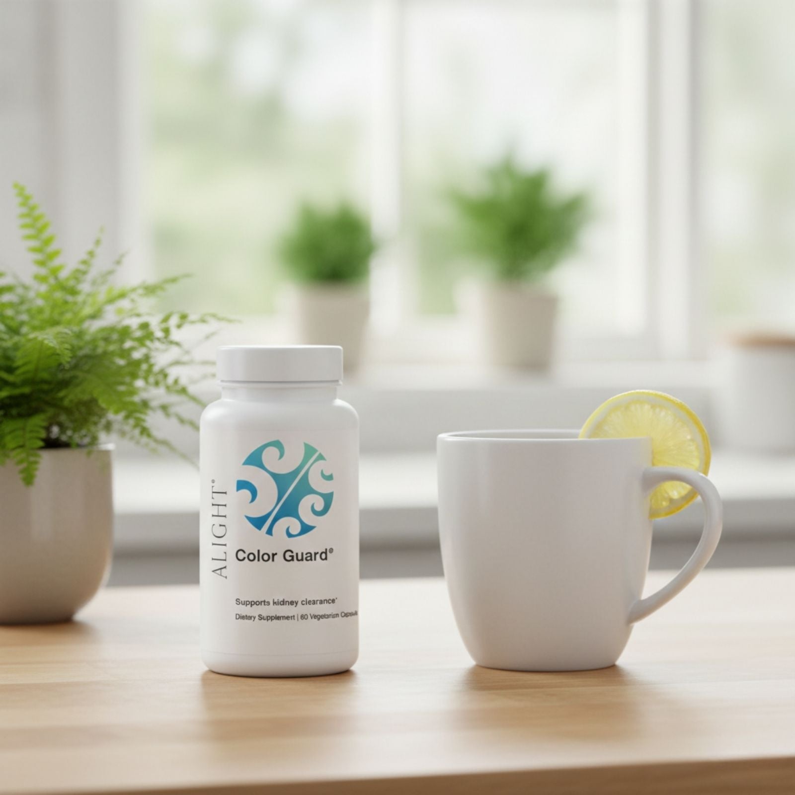 Supplement bottle labeled 'Color Guard' on a table with a mug and lemon slice, plants in the background.