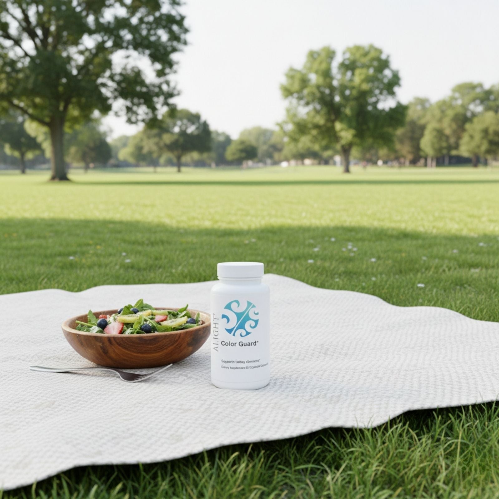 Bottle of Color Guard and salad on a picnic blanket in a park