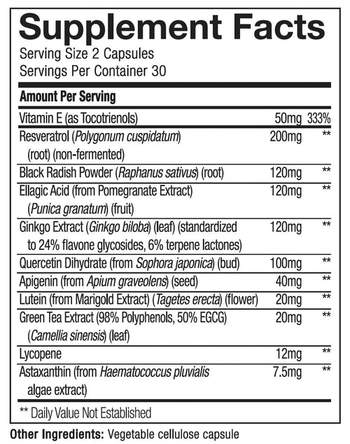 Supplement facts label with various ingredients and their amounts per serving.