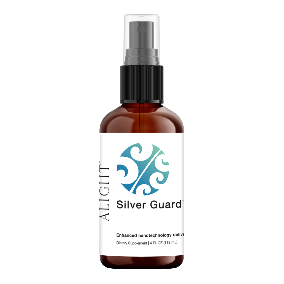 Brown spray bottle with a white label featuring 'Alight Silver Guard' on a white background